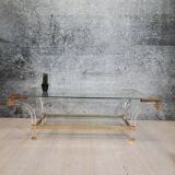 Table basse carrée en laiton, lucite et verre, Hollywood Regency