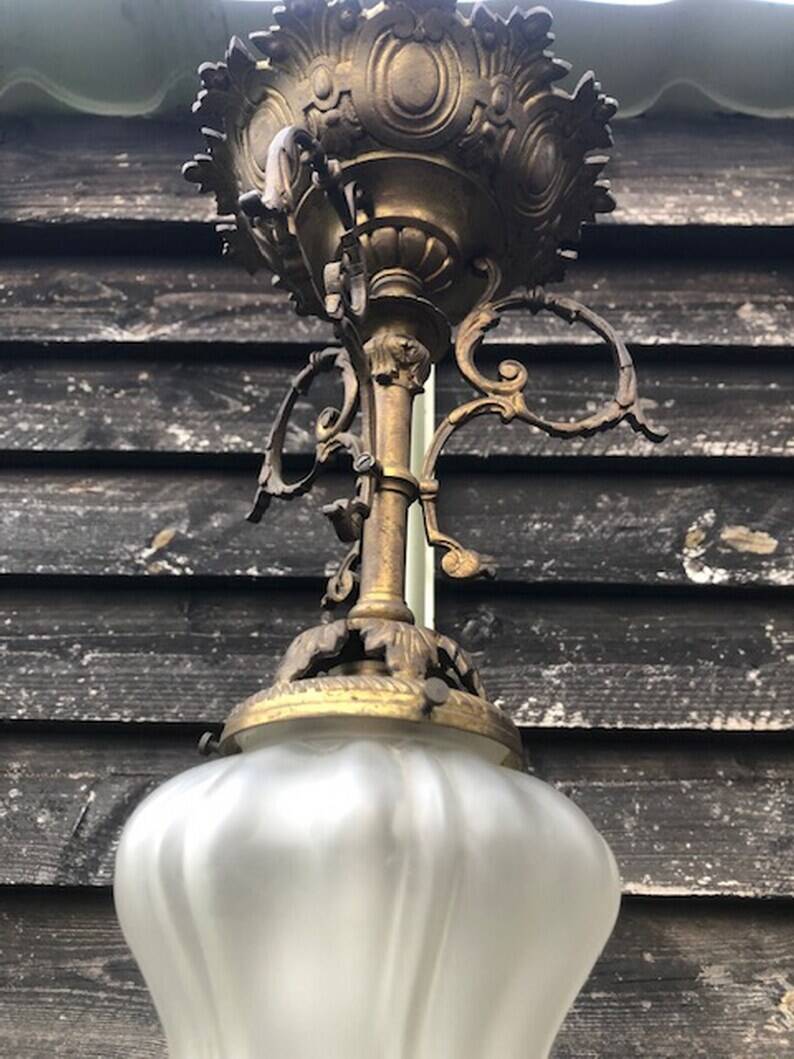 Antique French Napoleon III Brass & Bronze Opaline Glass Ceiling Light