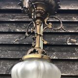 Antique French Napoleon III Brass & Bronze Opaline Glass Ceiling Light