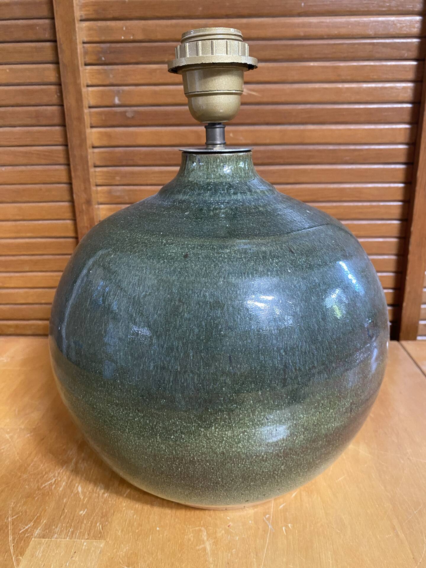 Pied de Lampe Ancien Boule Grès Émaillé Vert Nuancé Années 70 Vintage