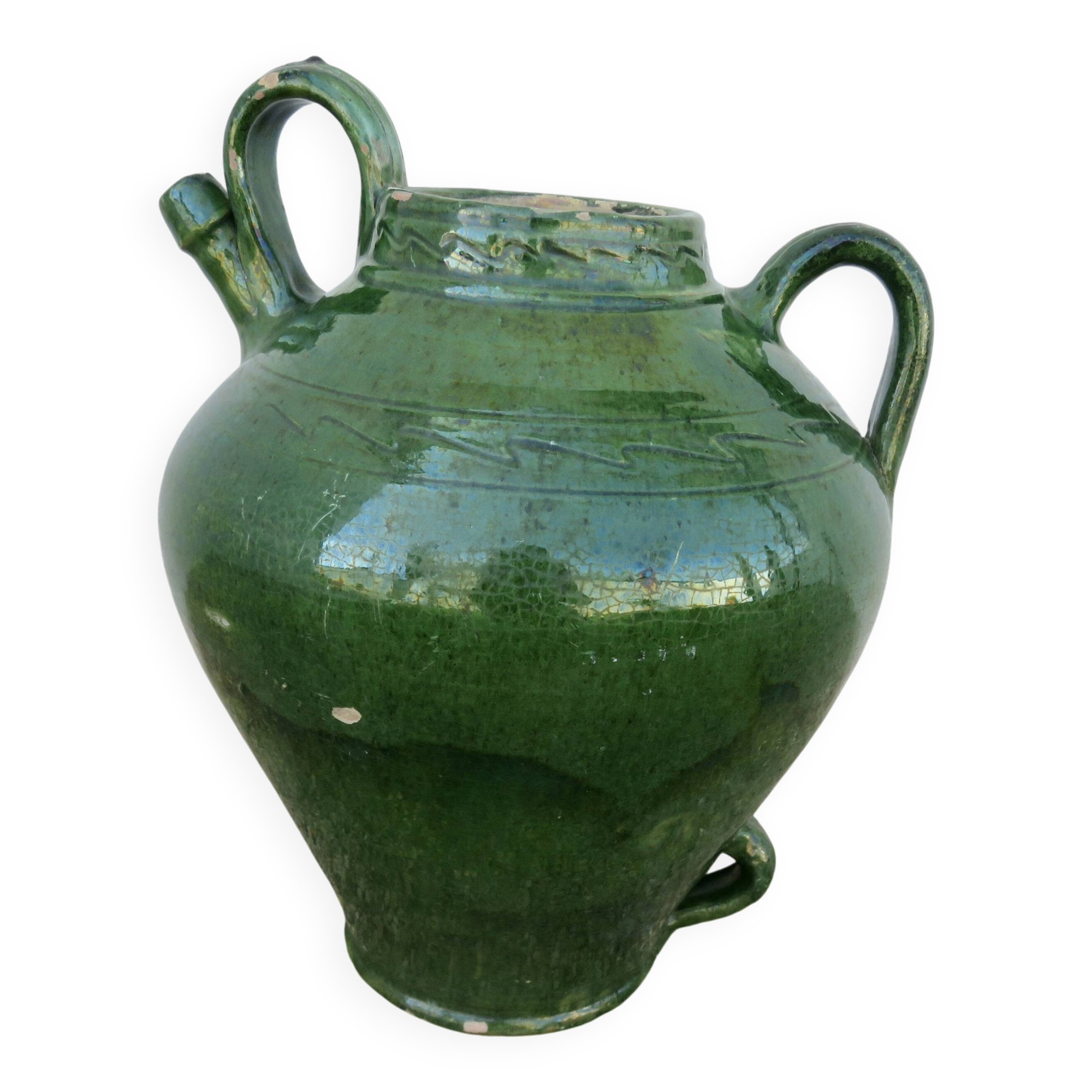 Antique glazed green terracotta oil jar, late 19th century.