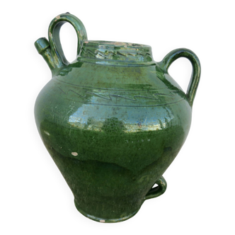 Antique glazed green terracotta oil jar, late 19th century.