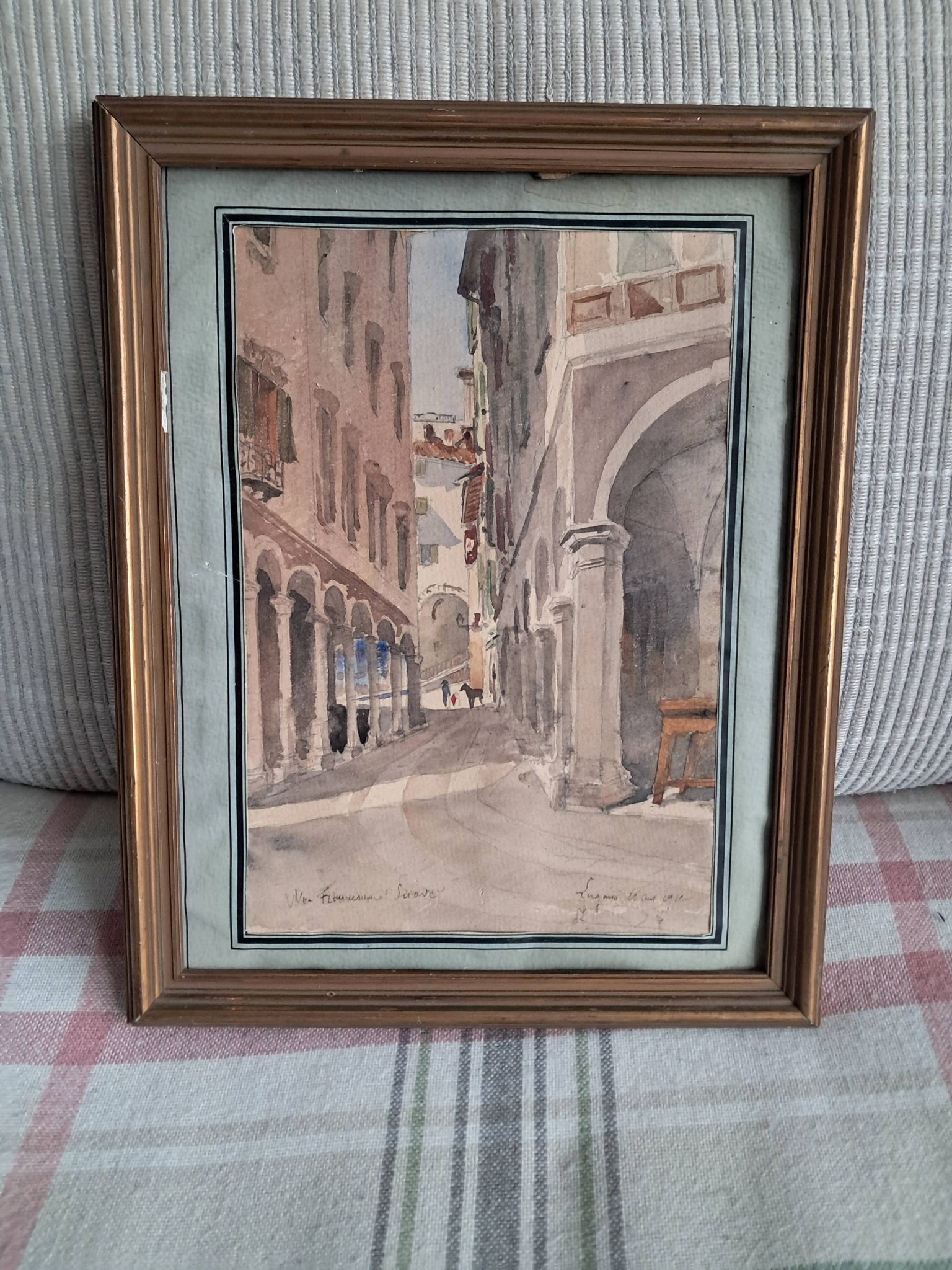 Tableau ancien représentant une rue de Lugano en Suisse