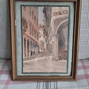 Tableau ancien représentant une rue de Lugano en Suisse