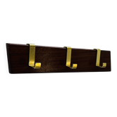 Vintage wooden and brass coat rack with 3 hooks from the 1960s.