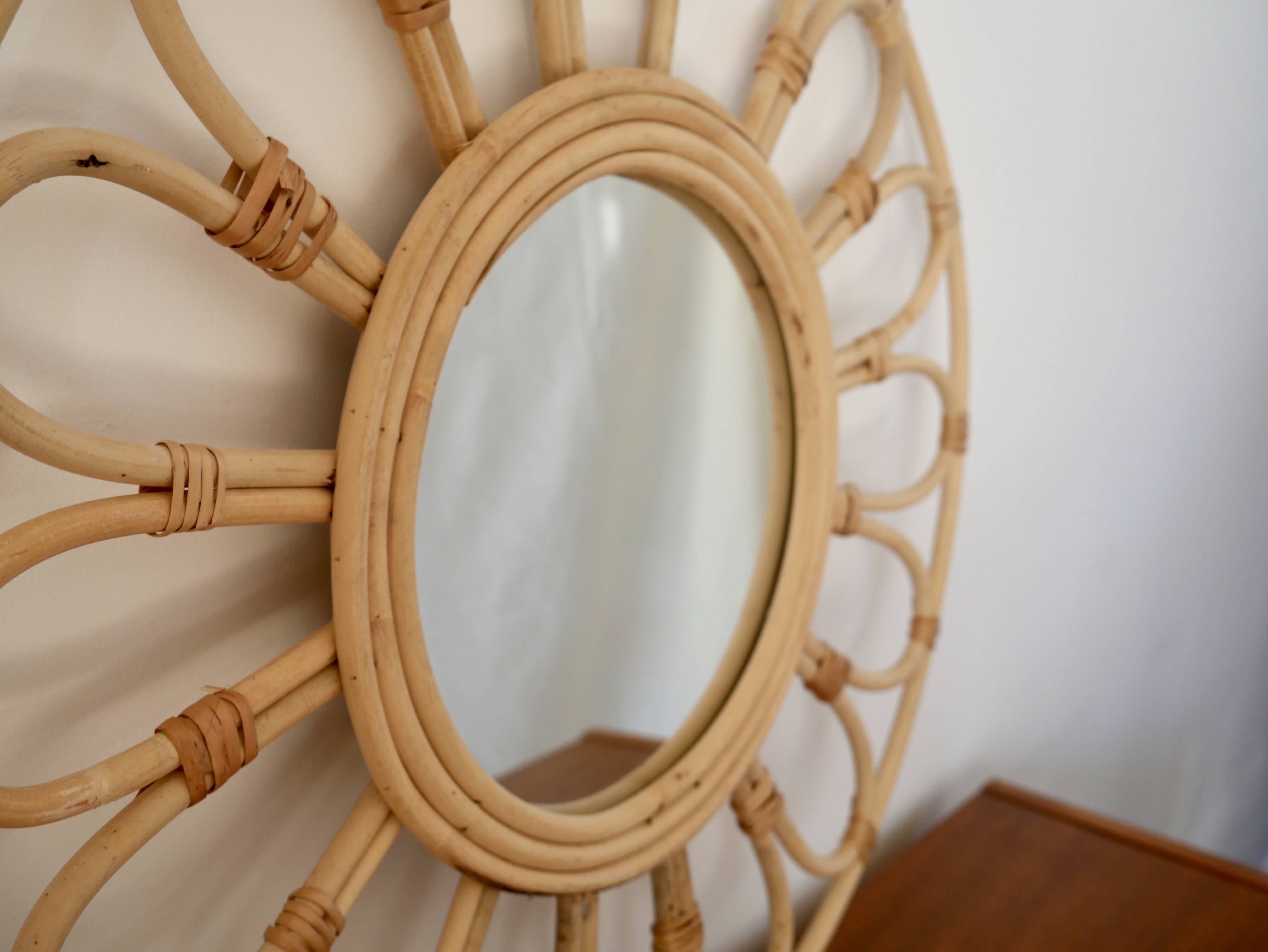 Vintage rattan and bamboo sun mirror