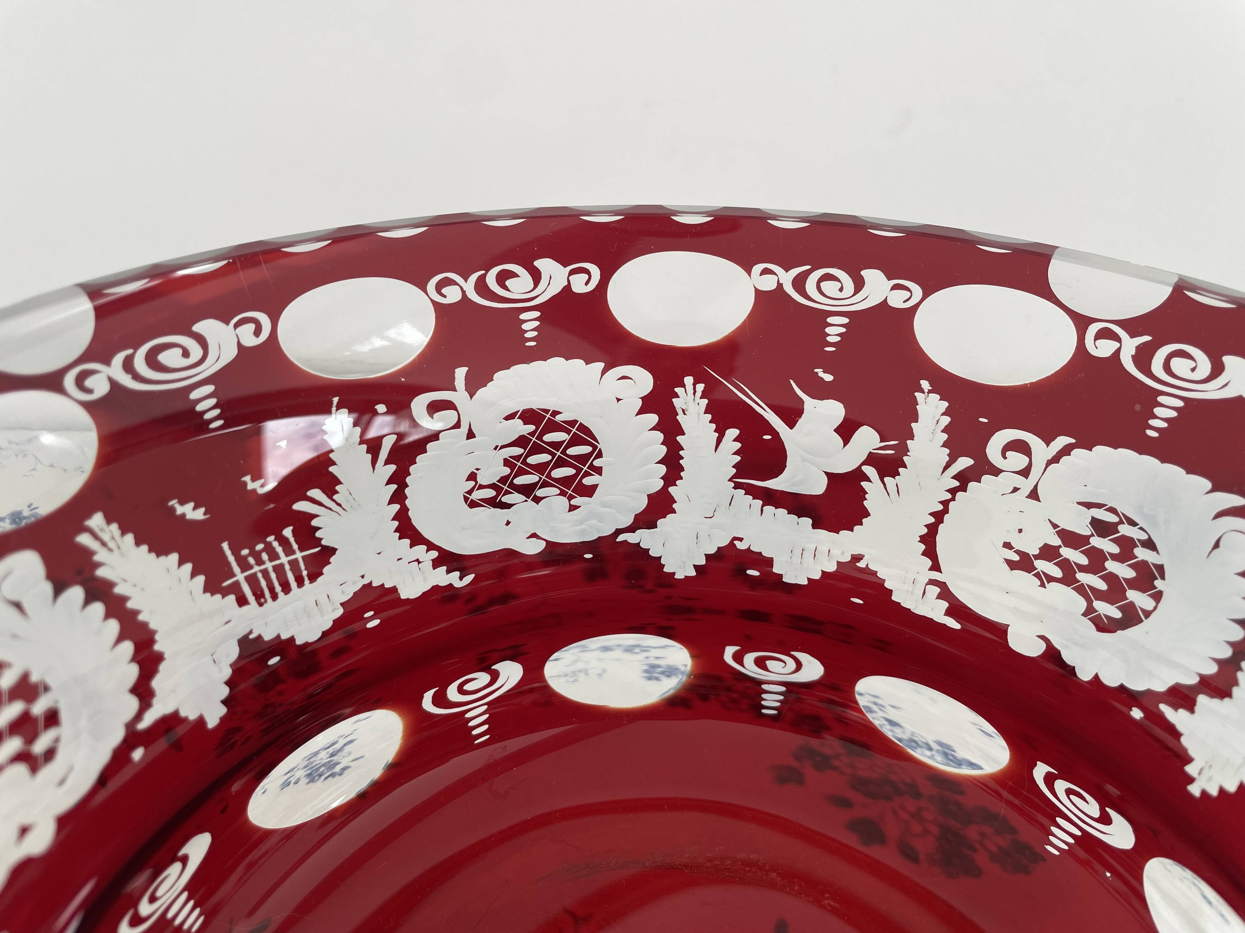 Large red and white overlay glass bowl, Bohemian 20th century