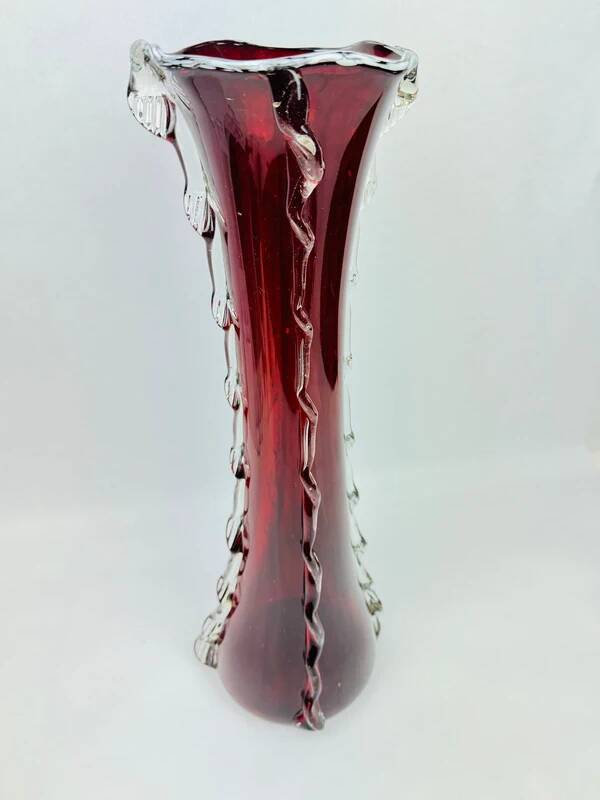 Ruby red glass vase 50 cm with clear Murano style applied decoration