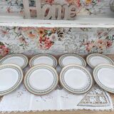 Set of 8 PL France porcelain dinner plates, water green marli and frieze
