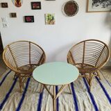 Table basse vintage en rotin relookée