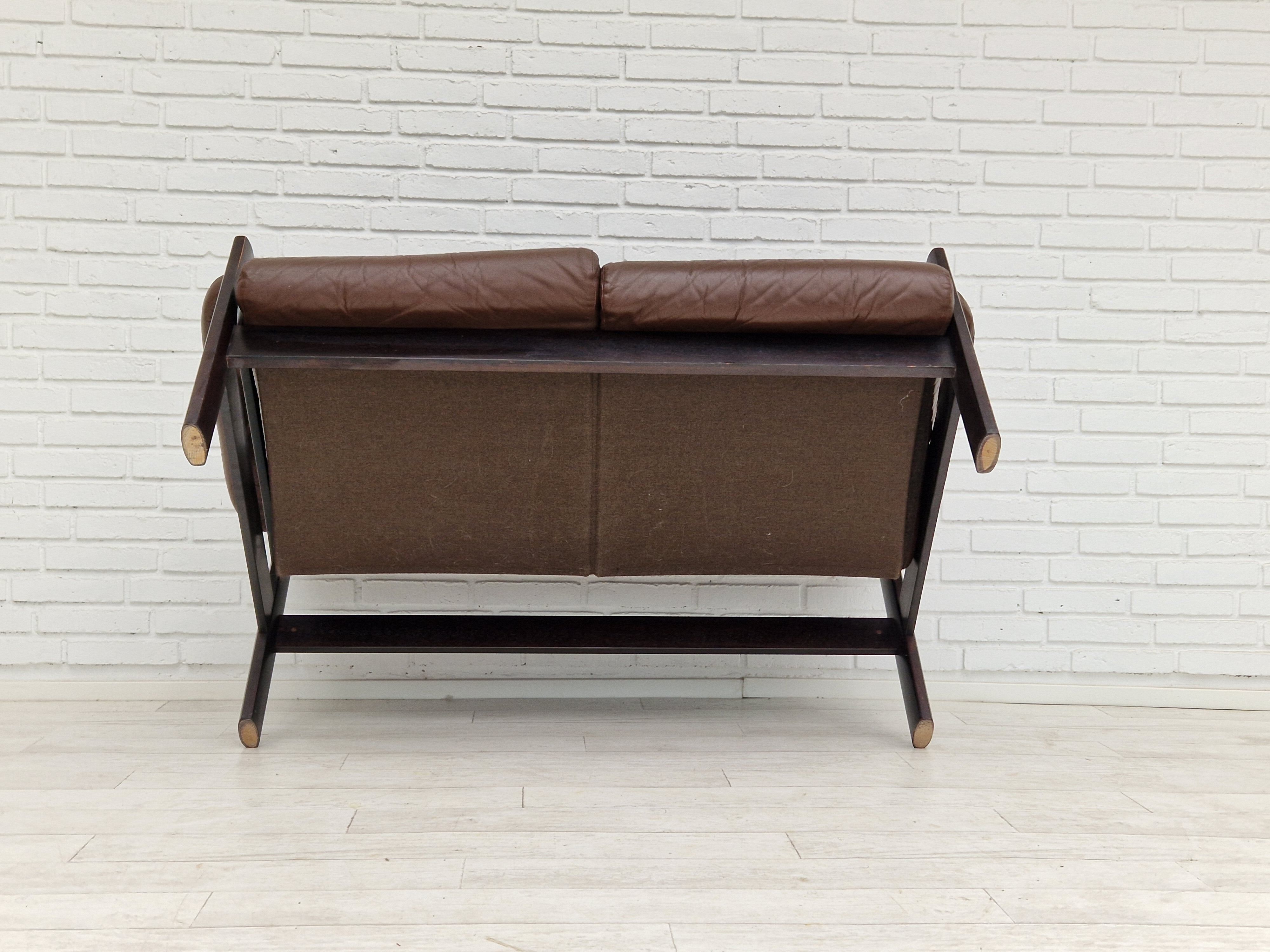 Scandinavian 2-seater sofa, original brown leather, 70s