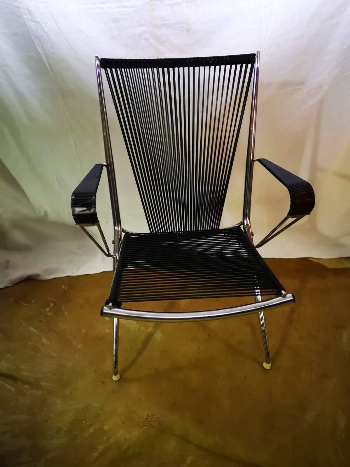 Chromed metal armchair with black scoubidous 1960