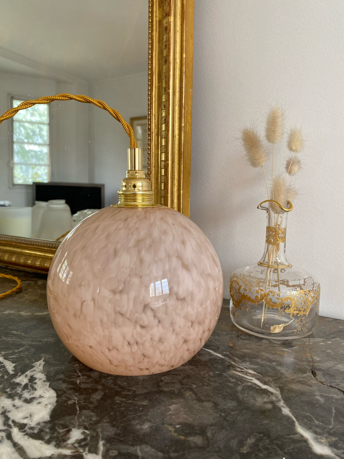 Walker with vintage pink clichy glass globe