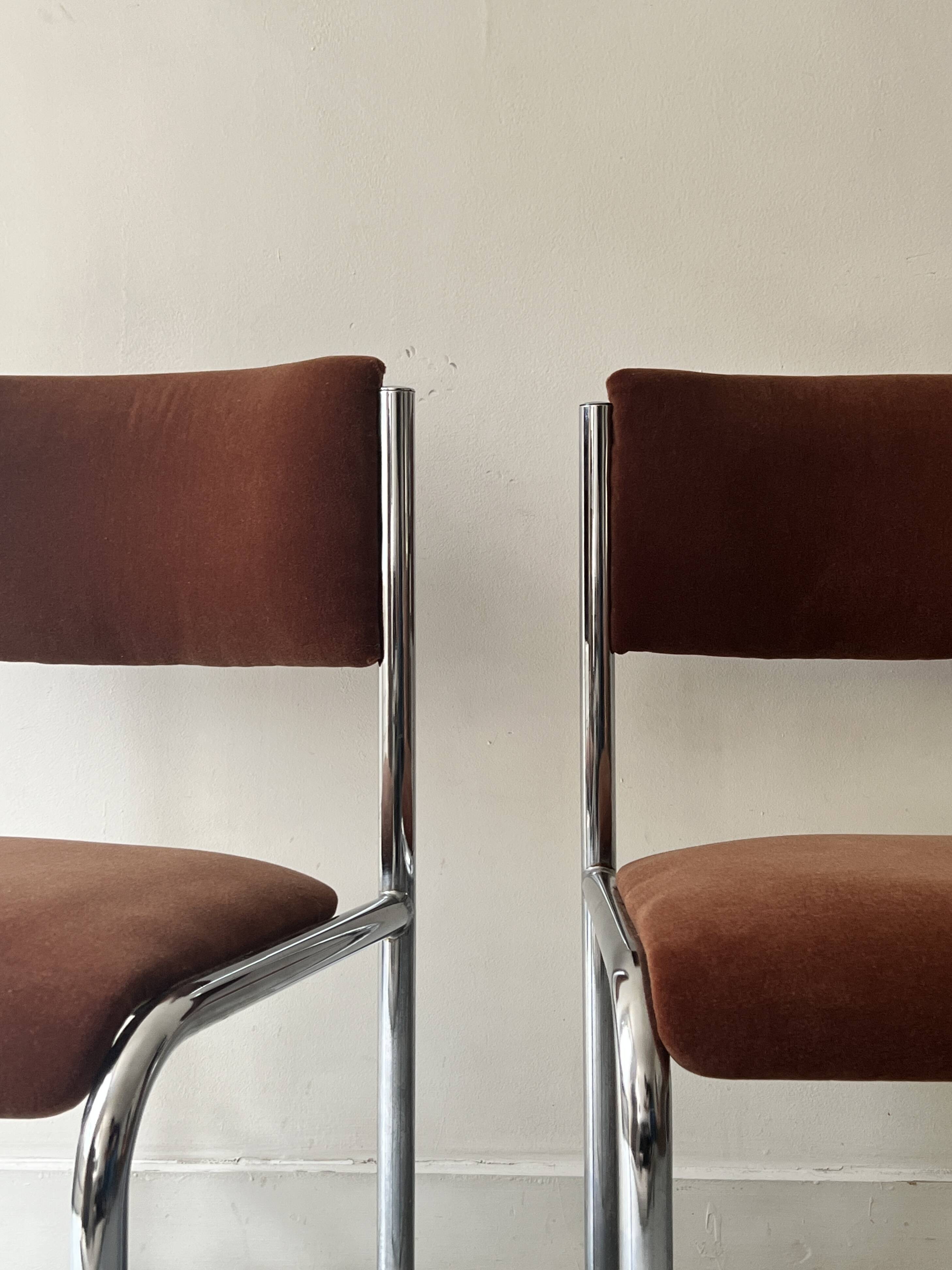 Pair of chrome and chestnut brown velvet chairs, 1970s design