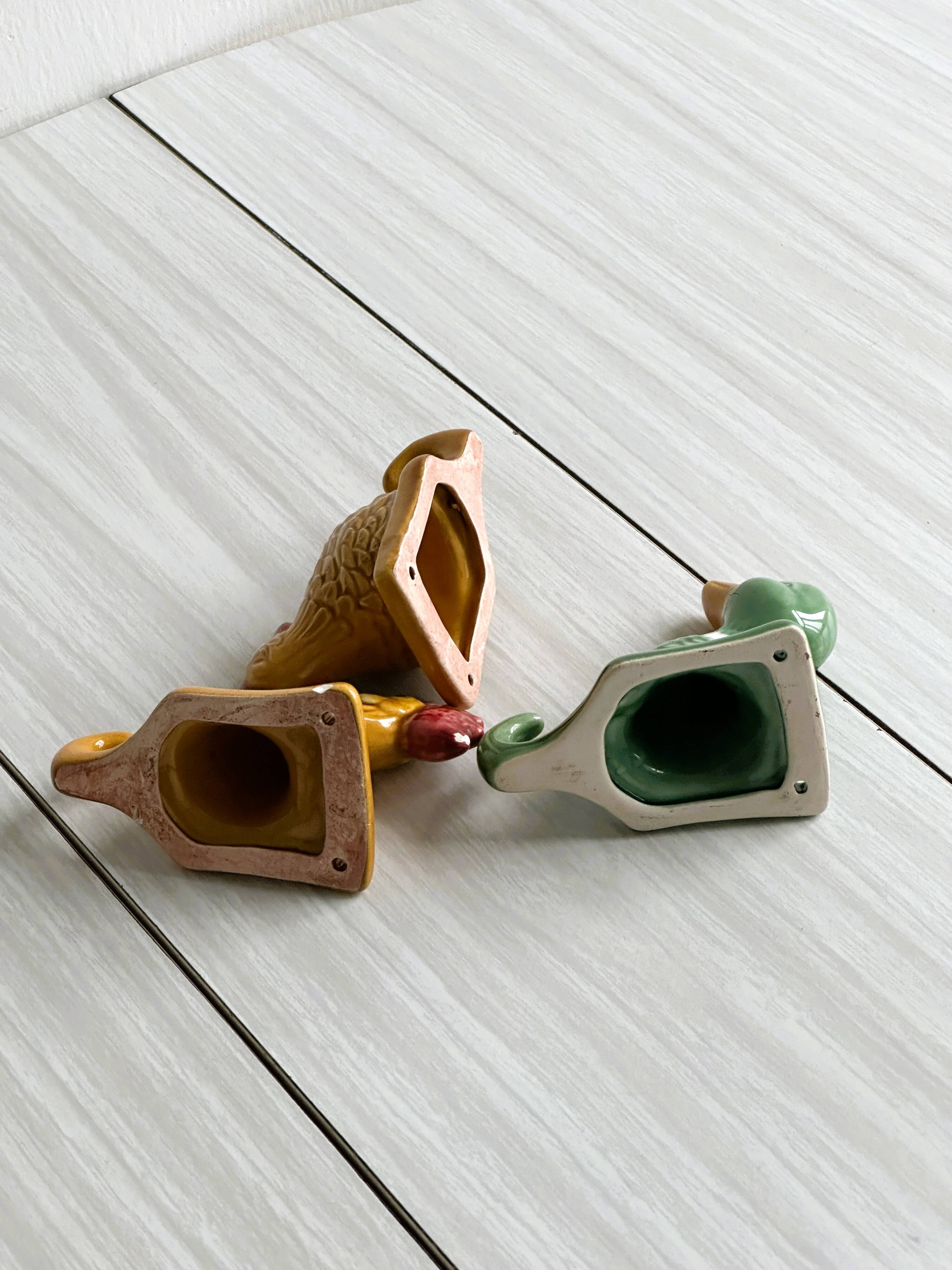 Ceramic slip kitchen towel hooks: Rooster, Hen, Duck.