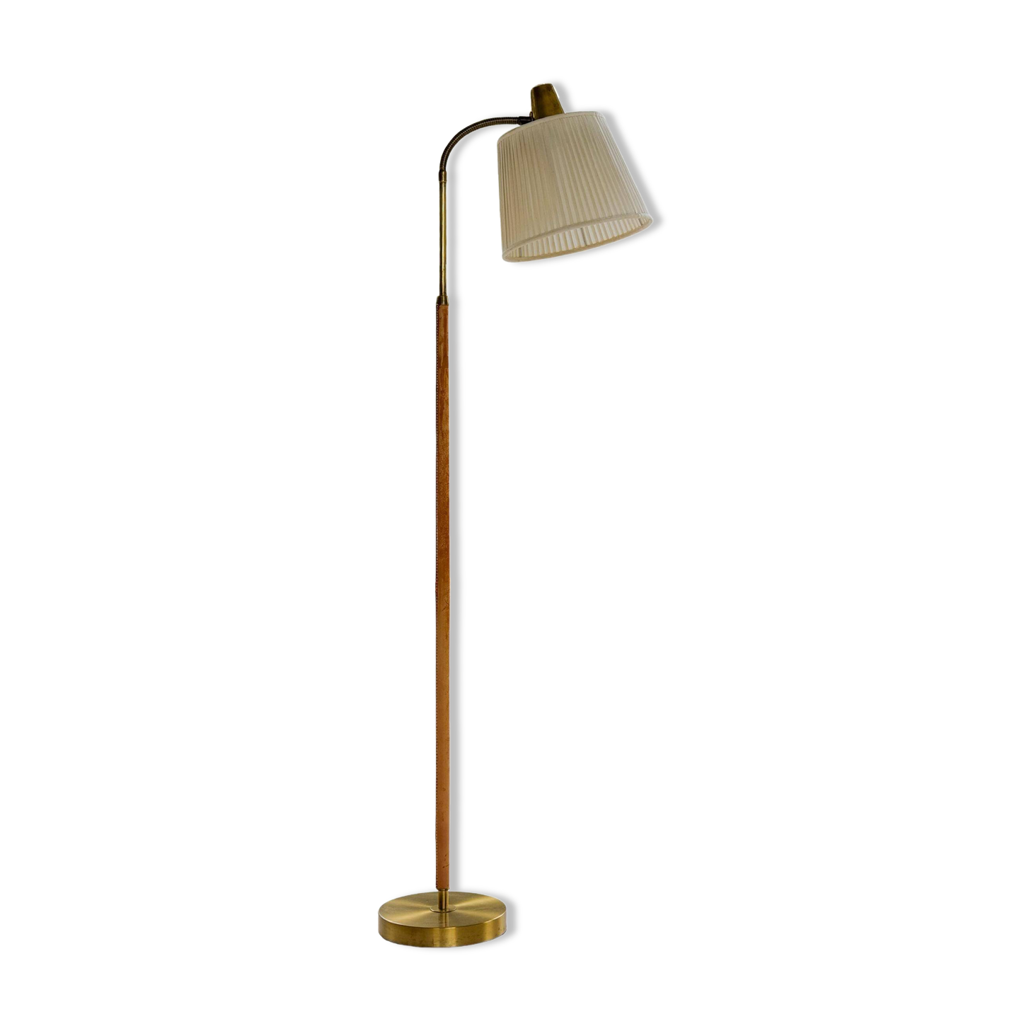 Mid-century brown leather and brass floor lamp, Falkenbergs Belysning, Sweden, 1960s.