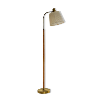 Mid-century brown leather and brass floor lamp, Falkenbergs Belysning, Sweden, 1960s.