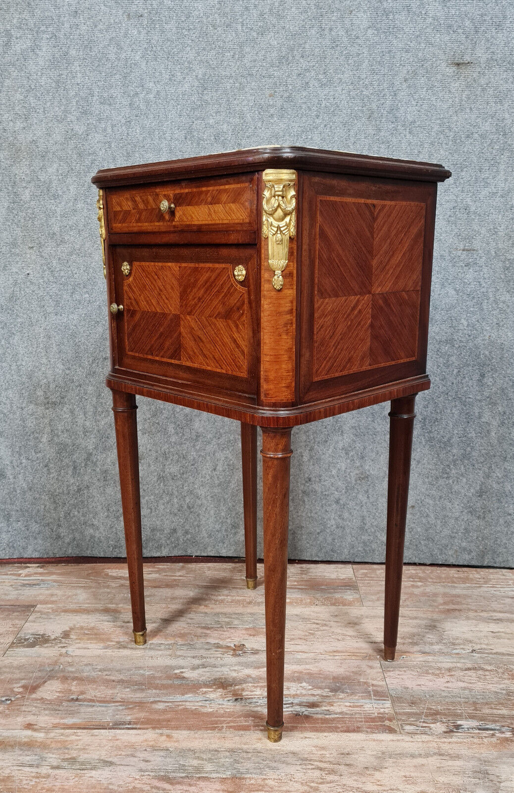 Louis XVI ceremonial bedside table in marquetry around 1880