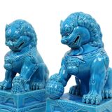 Large Temple Lion Statues Foo Dogs Blue Porcelain 25cm