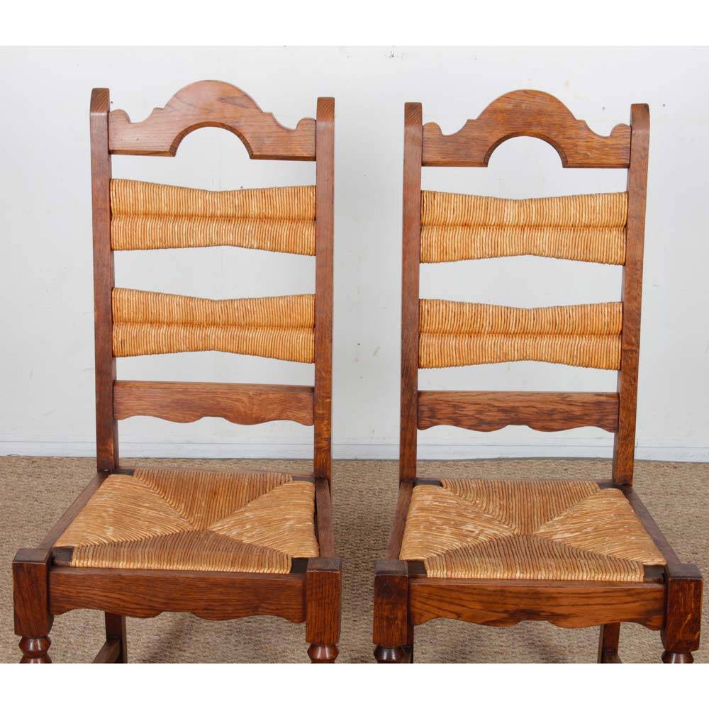 Set of 6 rush-seated chairs in solid oak, 1940.