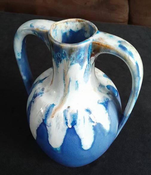Blue and ocher enamelled stoneware vase with amphora-style handles