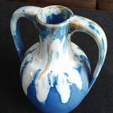 Blue and ocher enamelled stoneware vase with amphora-style handles