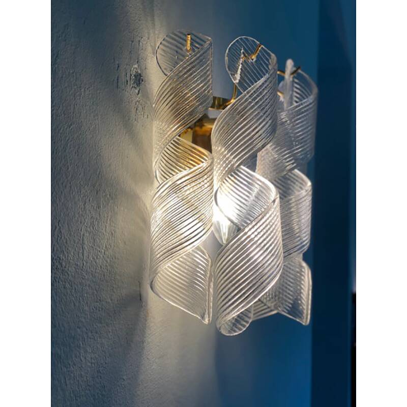 Set of Two Transparent “Ricci” Murano Glass Gold 24k Wall Sconces in Mazzega Style