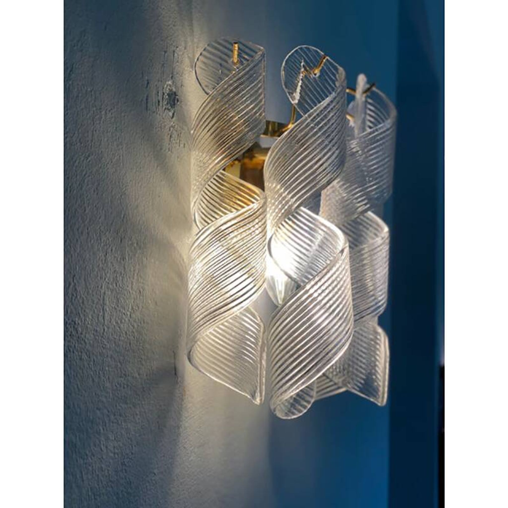 Set of Two Transparent “Ricci” Murano Glass Gold 24k Wall Sconces in Mazzega Style