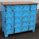 Casier ancien en métal bleu avec plateau bois