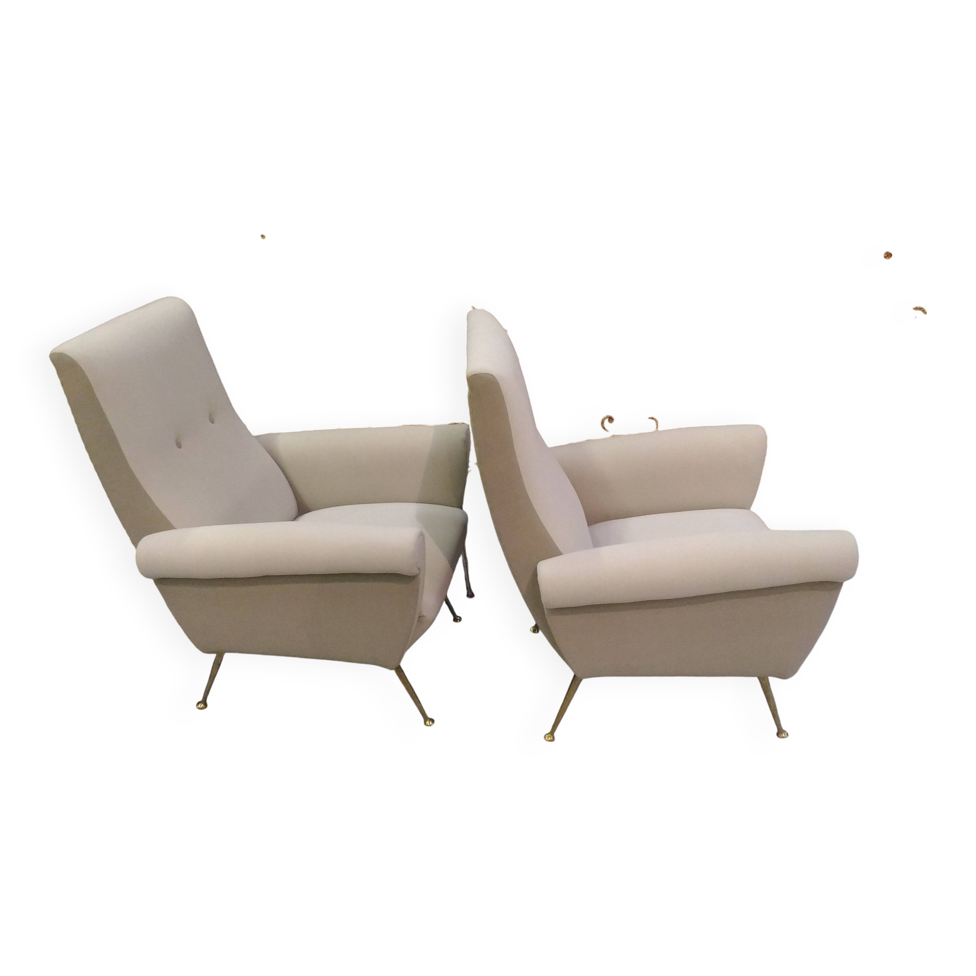 Pair of low armchairs in brass and textile. Italy 1950s