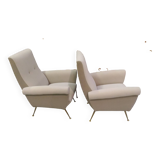Pair of low armchairs in brass and textile. Italy 1950s