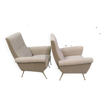 Pair of low armchairs in brass and textile. Italy 1950s