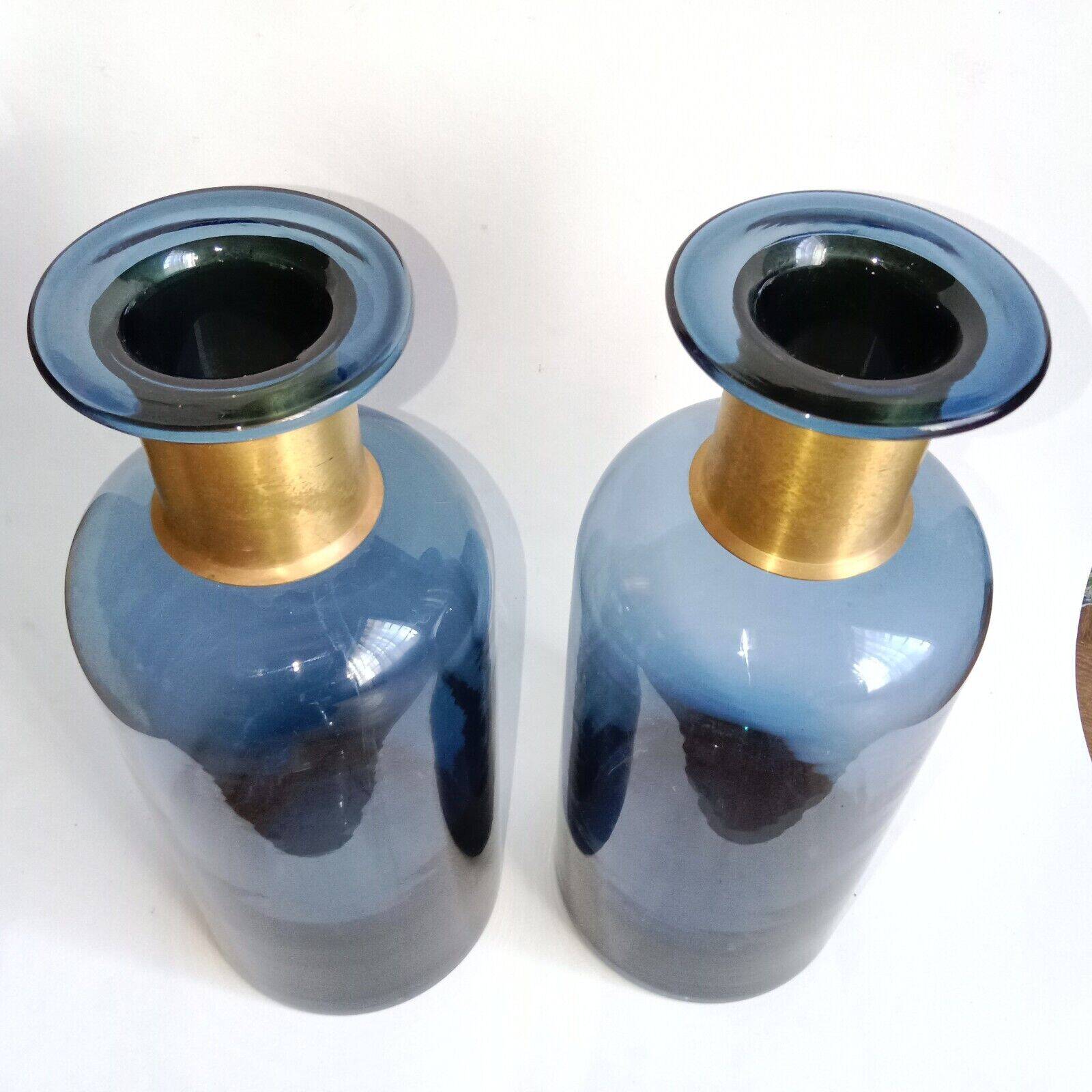 2 blue glass bottle vases with gold necks, 30 cm high