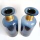 2 blue glass bottle vases with gold necks, 30 cm high