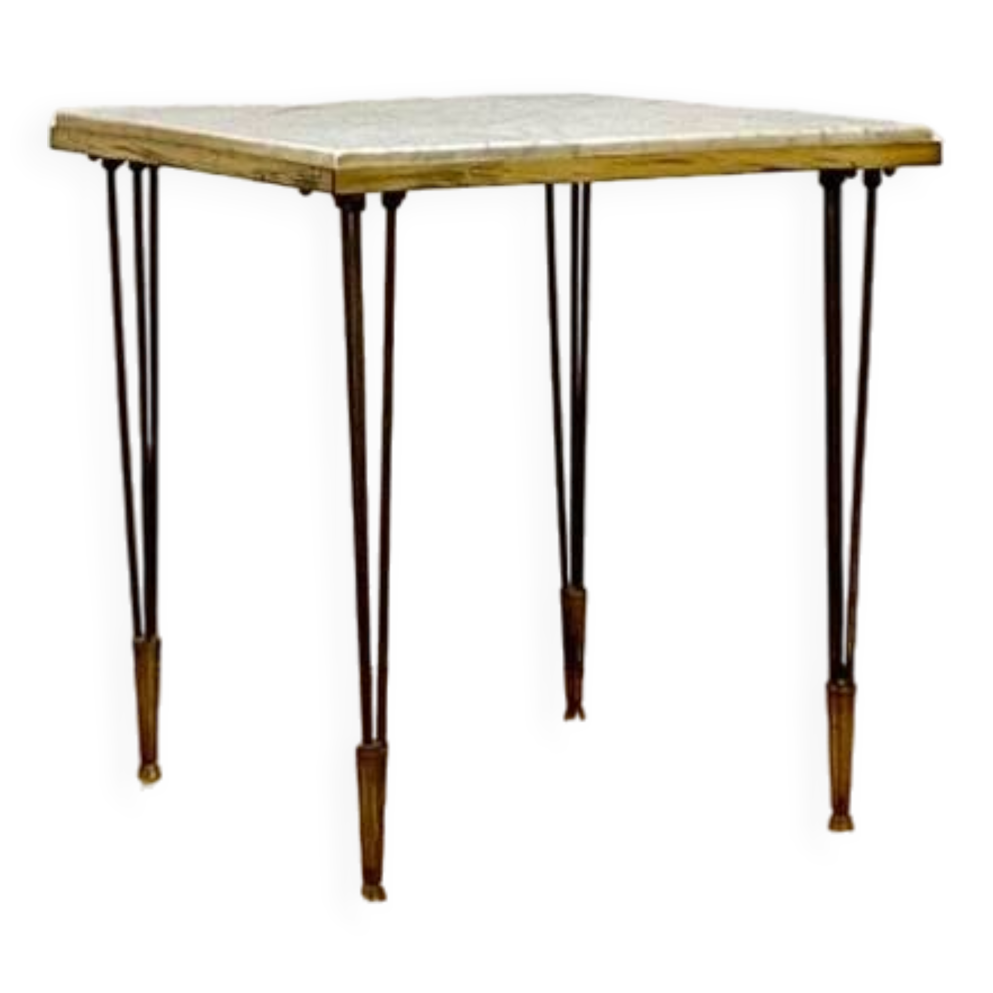 End table in gold metal, white marble top. 60s