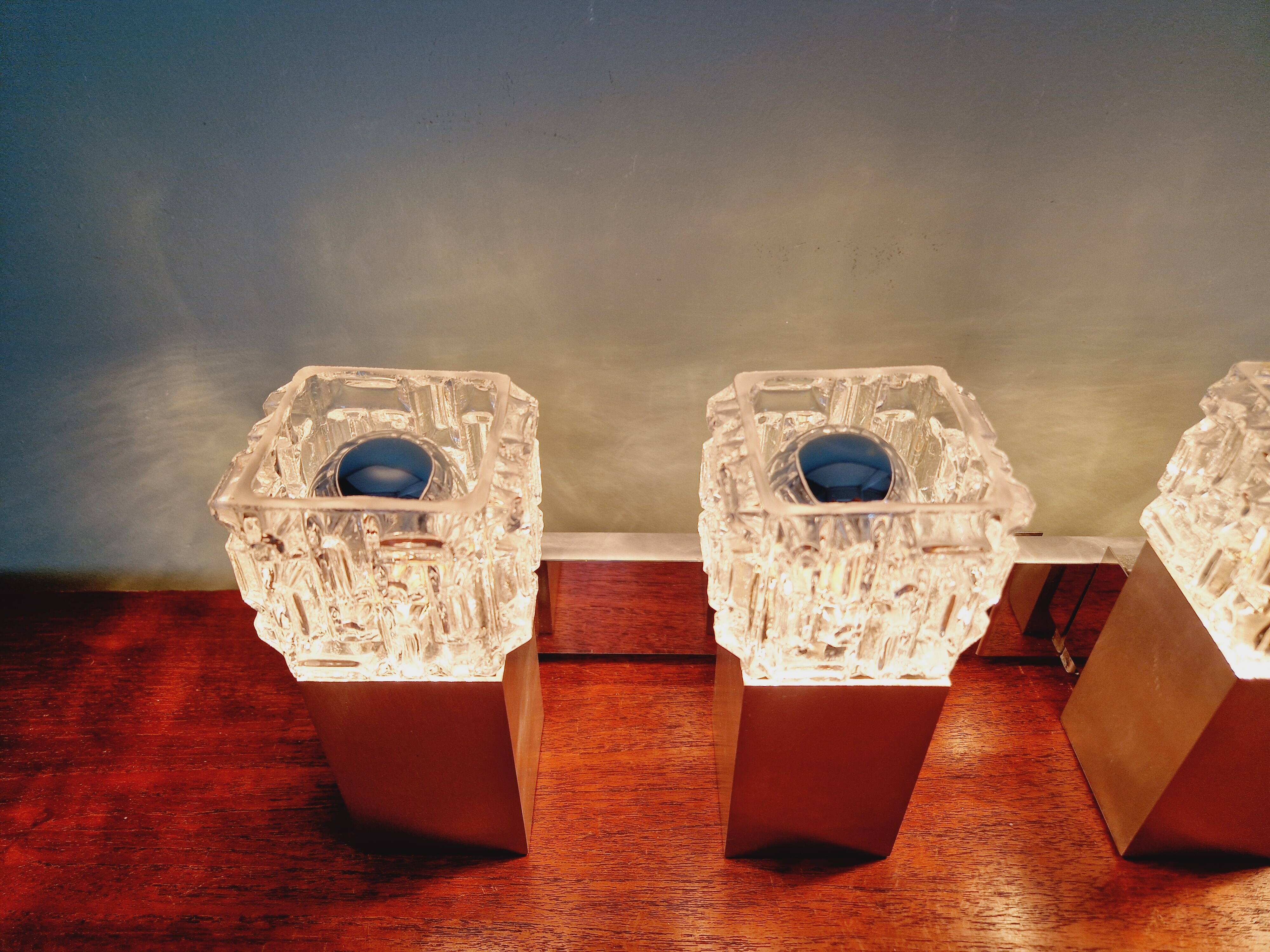 Pair of brushed aluminum and crystal wall lights, 1970s
