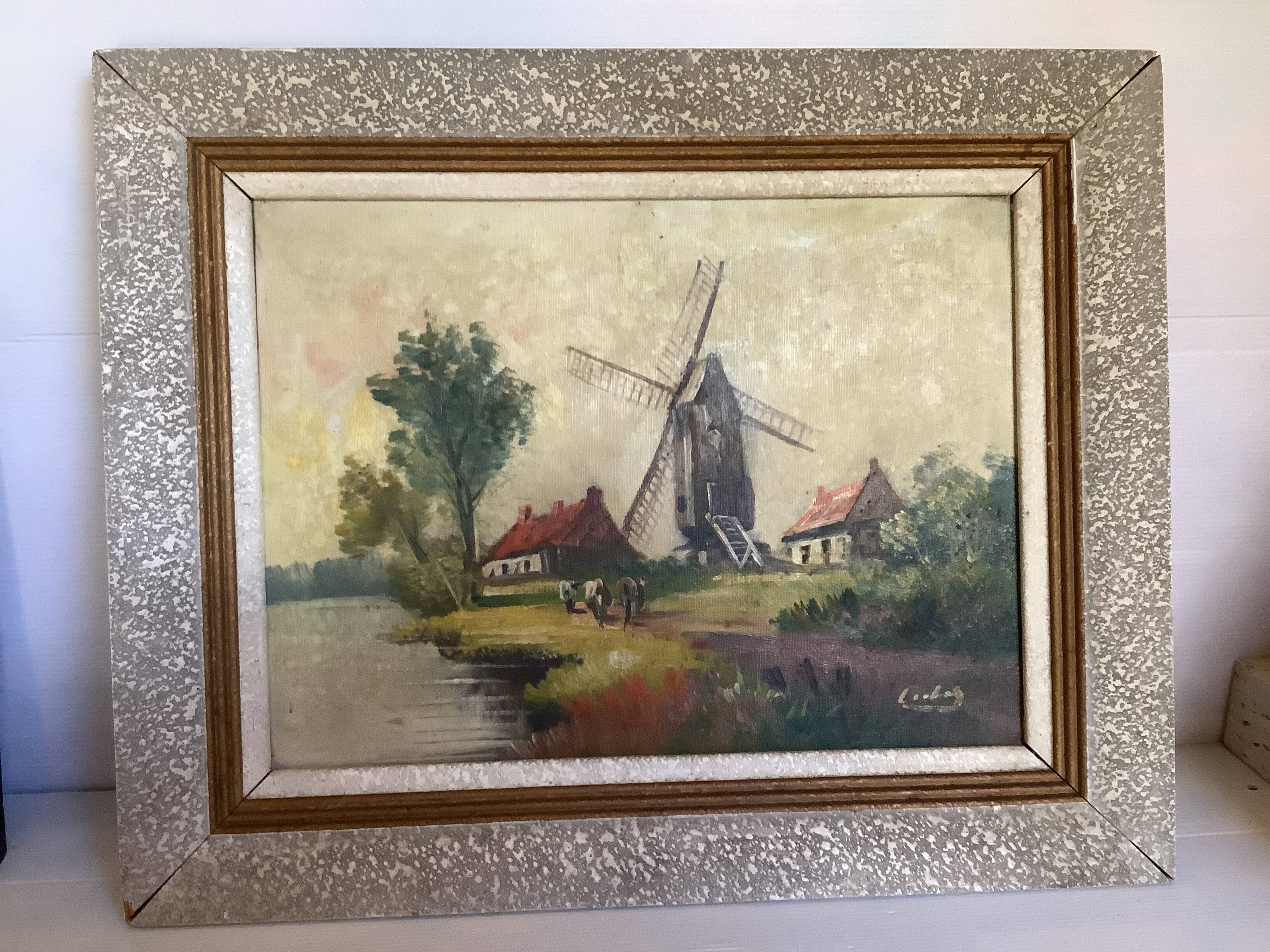 Landscape painting cows oil on canvas signed