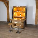 Suede and chrome dry bar with barstools in cognac by Willy Rizzo, Italy 1970s