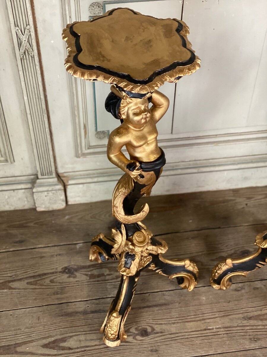 Pair of carved wooden pedestals, black and gold patina circa 1900