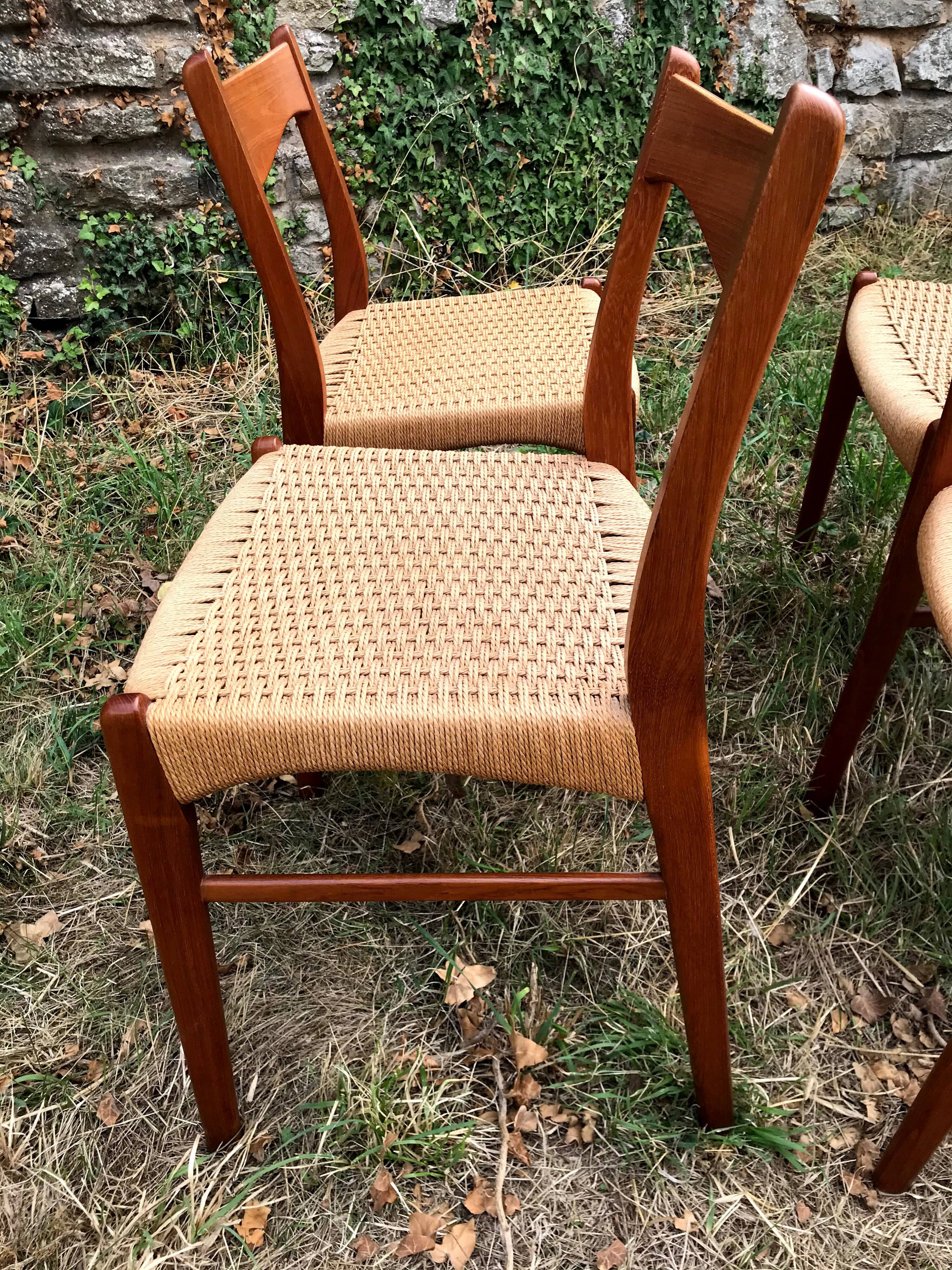 Chaises d'Arne Wahl Iversen teck et corde pour Glyngøre Stolefabrik années 60