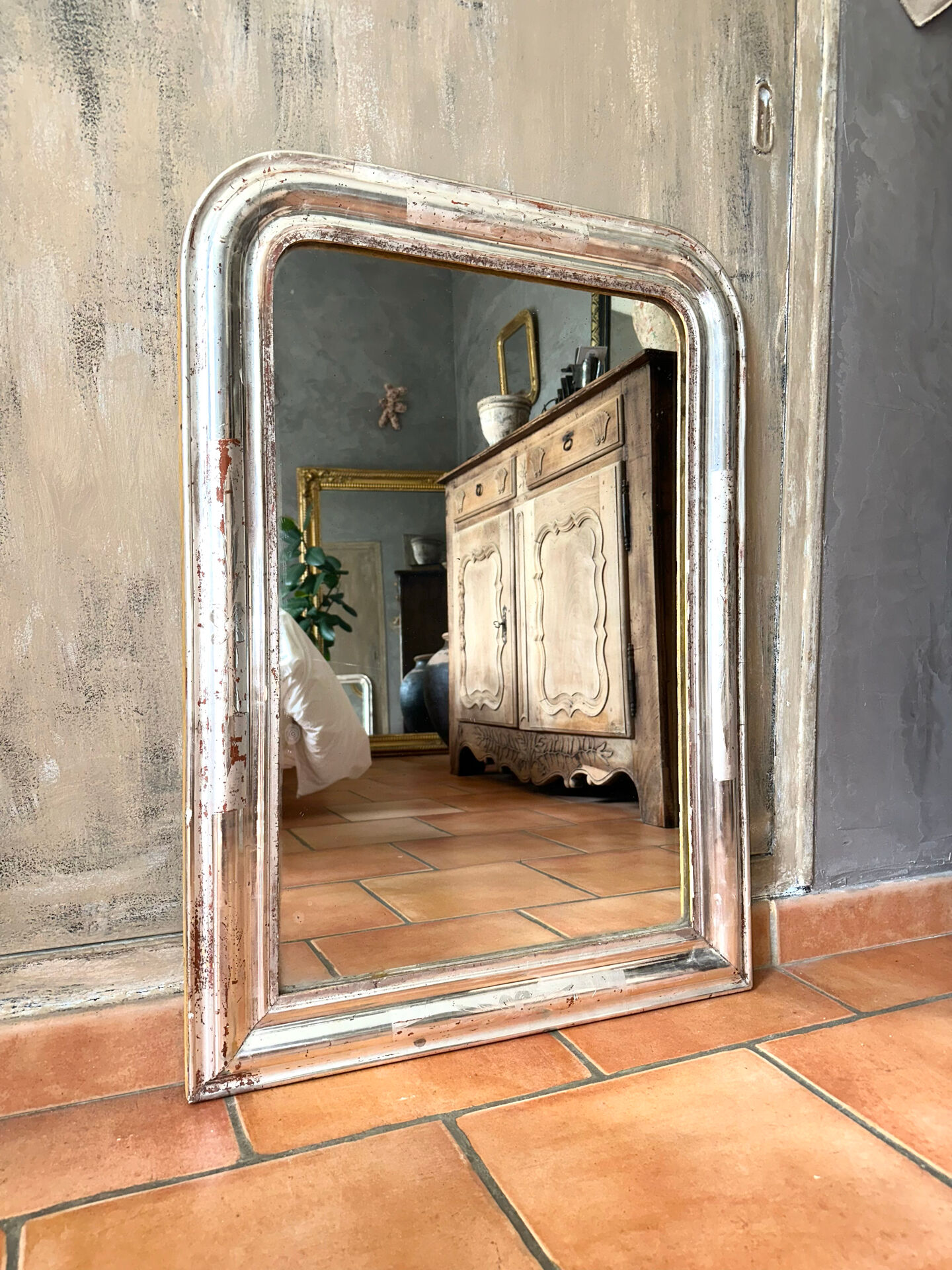 Miroir Louis-Philippe ancien en feuille d’argent, XIXème