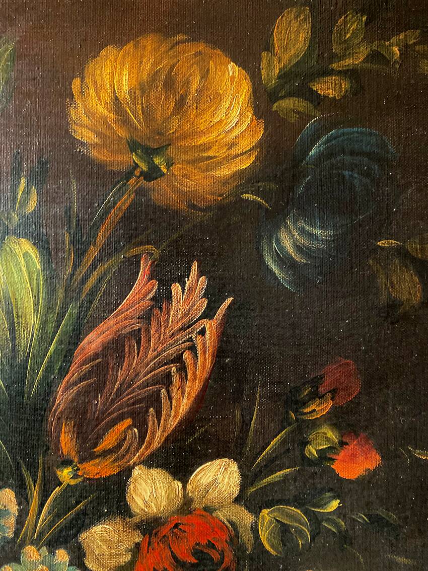 Dutch school 19th century, oil on canvas. “Bouquet of flowers on an entablature”.
