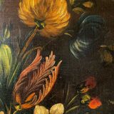 Ecole hollandaise XIXe, huile sur toile. “Bouquet de fleurs sur un entablement”.