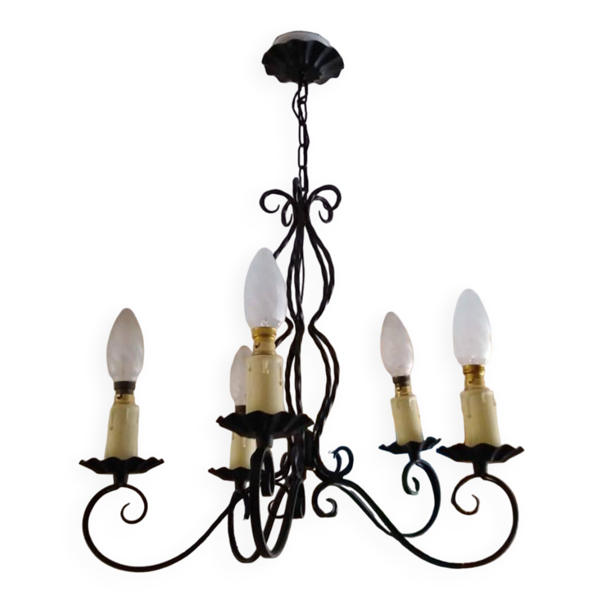 Antique wrought iron chandelier with 5 branches.