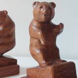Paire de serre-livres vintage en bois sculpté à la main, décor ours