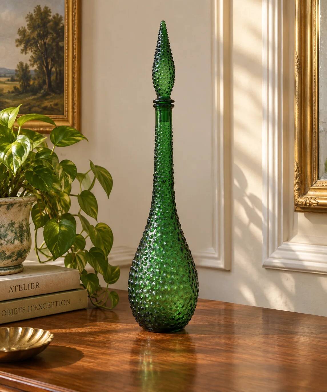Large decorative vintage green glass carafe/bottle with relief – H57 cm