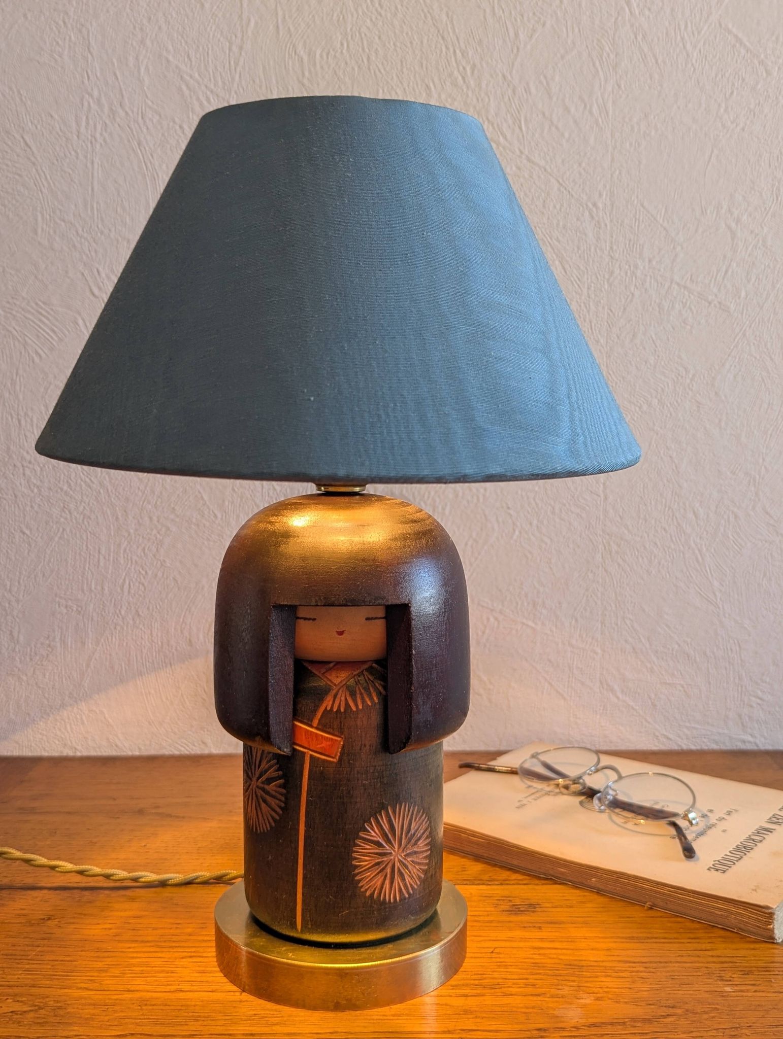 Vintage handcrafted lamp with Japanese Gunma Kokeshi doll (signed Sansaku Se