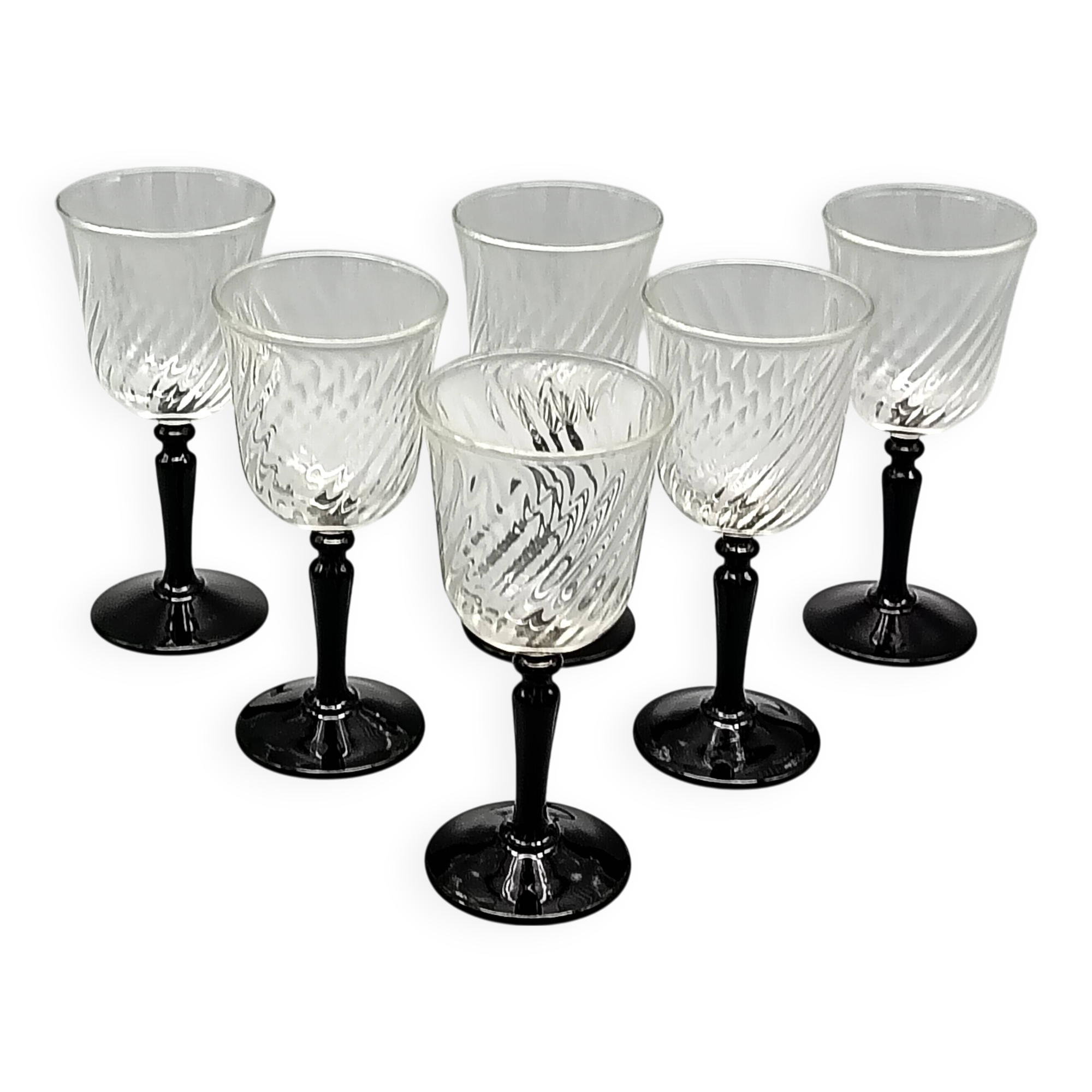 6 liqueur glasses on black opaline foot france, onyx luminarc vintage