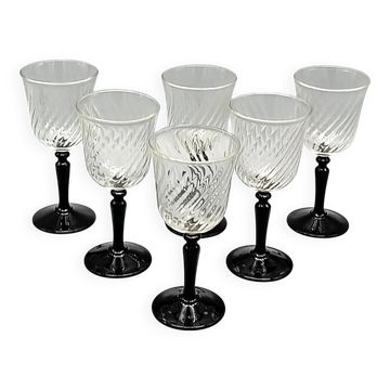 6 liqueur glasses on black opaline foot france, onyx luminarc vintage