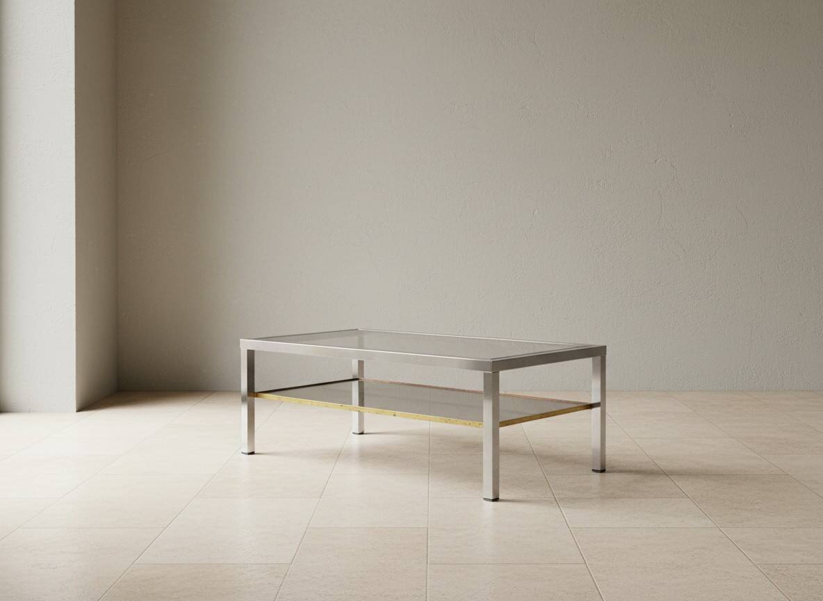 Vintage coffee table glass & chrome metal – Romeo Rega style from the 1970s